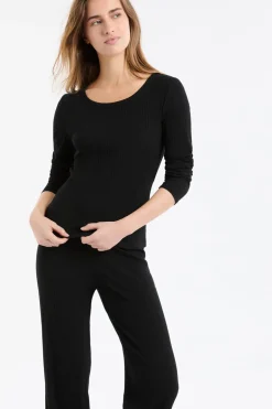 ETAM Pijamas Esenciales|Partes De Arriba De Pijama|Camiseta de algodón de canalé de manga larga NEGRO