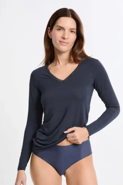 ETAM Colección Térmica|Pijamas Esenciales|Camiseta de cuello en V de punto térmico AZUL NOCHE