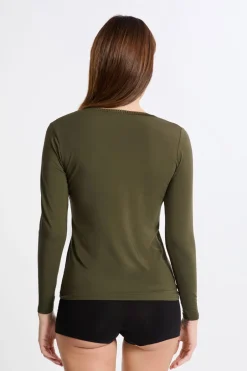 ETAM Colección Térmica|Pijamas Esenciales|Camiseta de cuello en V de punto térmico CAQUI