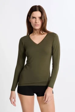 ETAM Colección Térmica|Pijamas Esenciales|Camiseta de cuello en V de punto térmico CAQUI