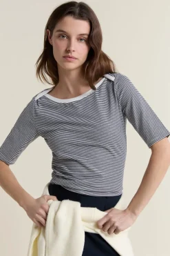 ETAM Cuello Redondo|Manga Corta|Camiseta de cuello redondo a rayas INDIGO