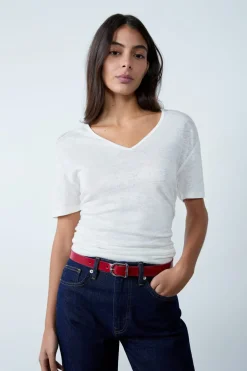 ETAM Cuello En V|Manga Corta|Camiseta de lino con cuello en V BLANCO