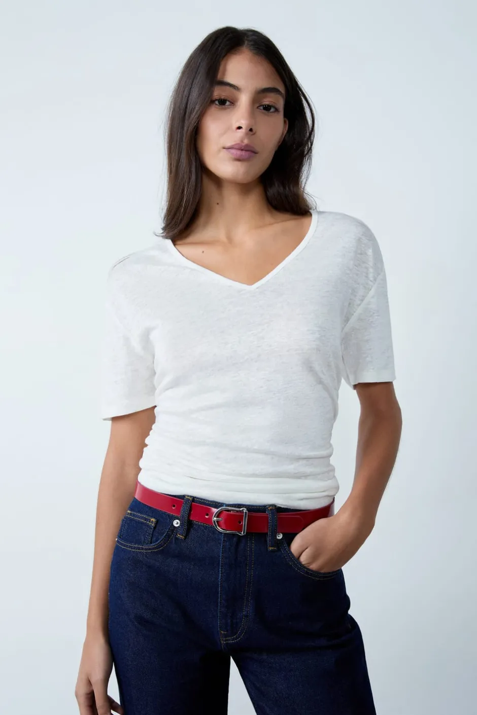 ETAM Cuello En V|Manga Corta|Camiseta de lino con cuello en V BLANCO