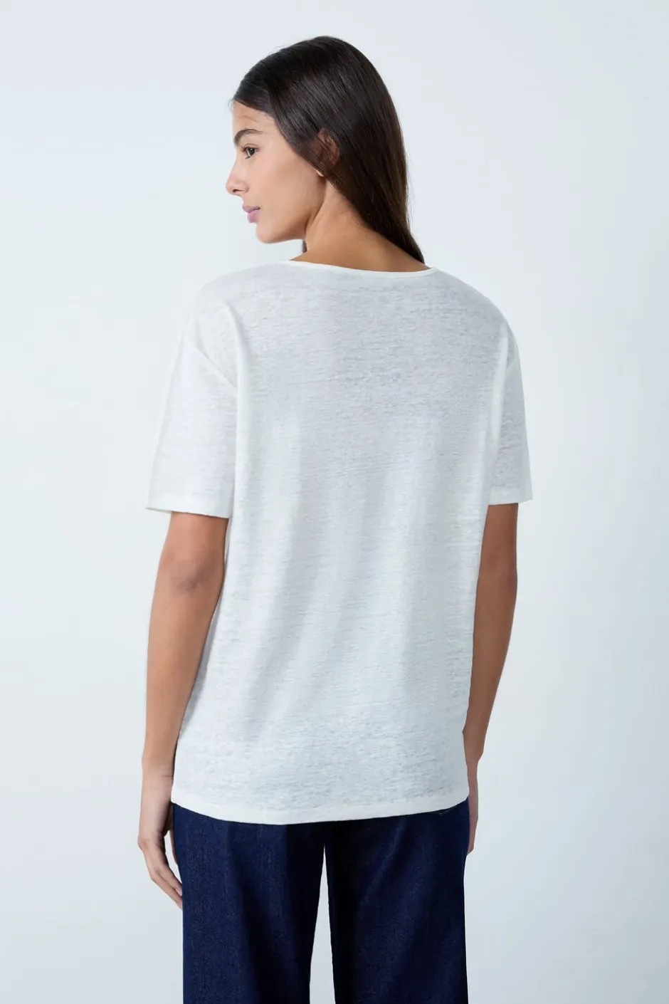 ETAM Cuello En V|Manga Corta|Camiseta de lino con cuello en V BLANCO