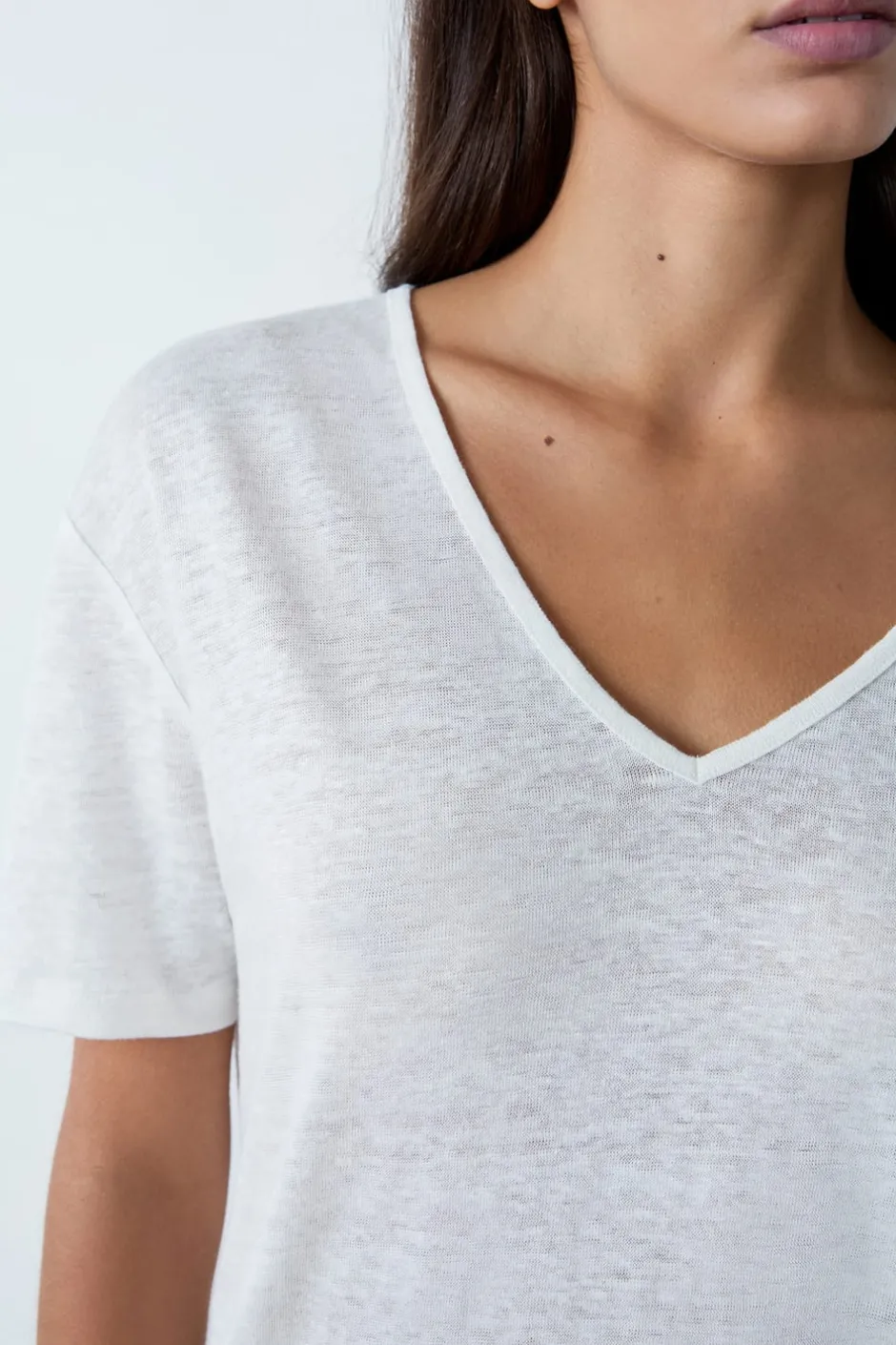 ETAM Cuello En V|Manga Corta|Camiseta de lino con cuello en V BLANCO
