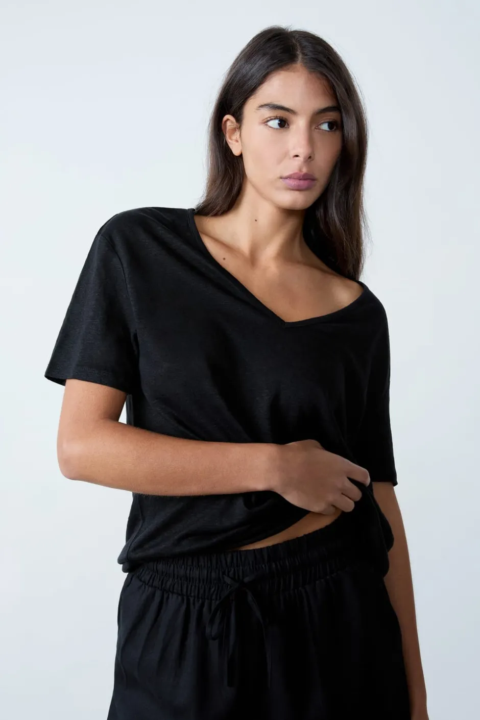 ETAM Cuello En V|Manga Corta|Camiseta de lino con cuello en V NEGRO