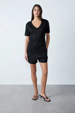 ETAM Cuello En V|Manga Corta|Camiseta de lino con cuello en V NEGRO