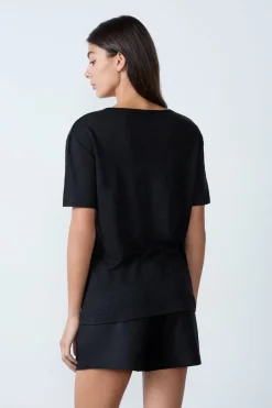 ETAM Cuello En V|Manga Corta|Camiseta de lino con cuello en V NEGRO