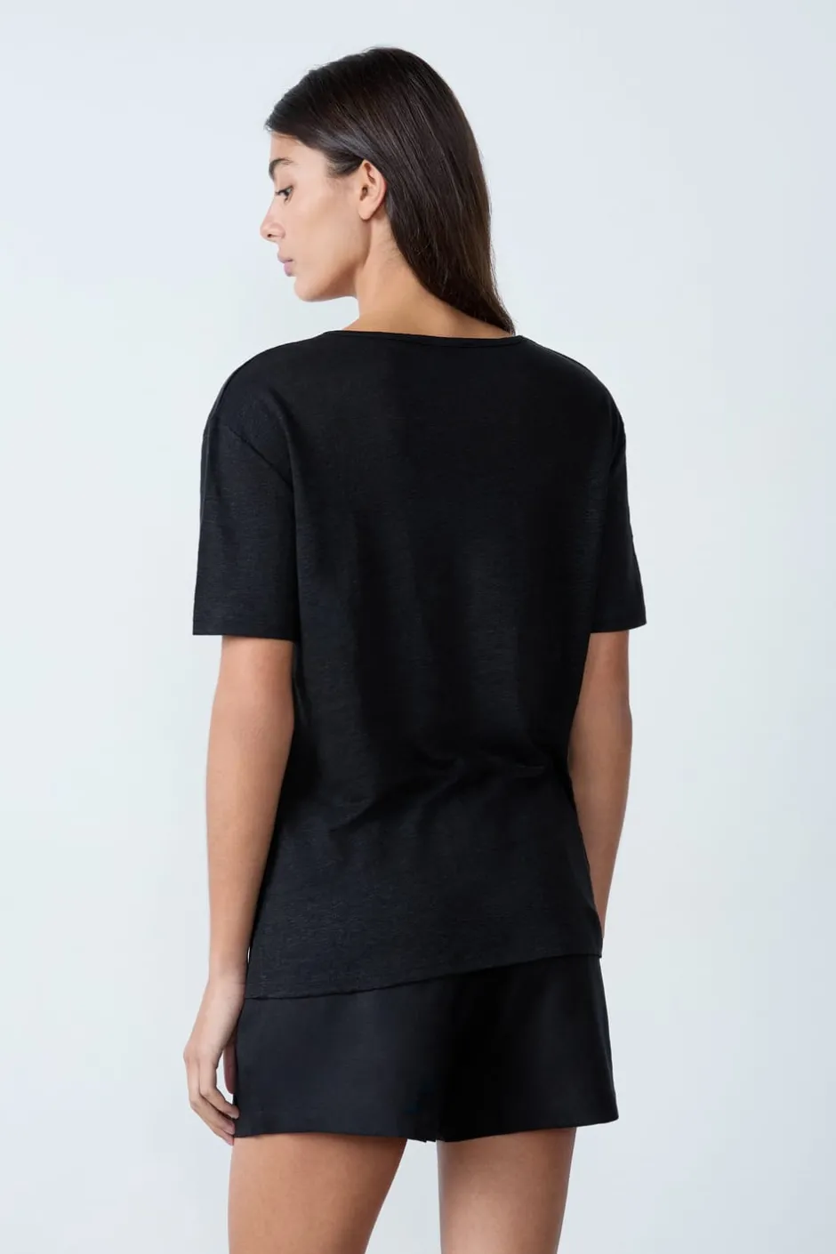ETAM Cuello En V|Manga Corta|Camiseta de lino con cuello en V NEGRO