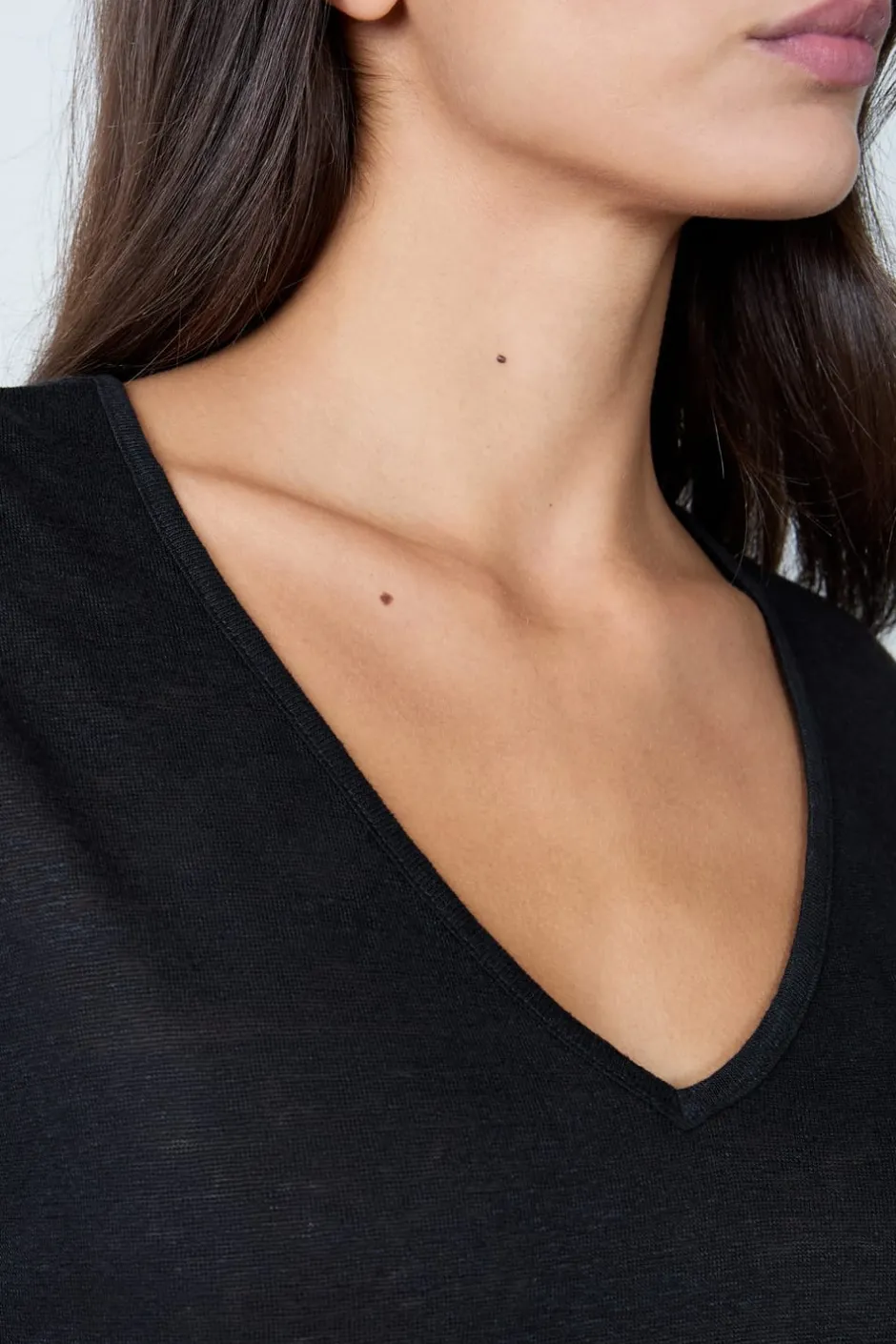 ETAM Cuello En V|Manga Corta|Camiseta de lino con cuello en V NEGRO