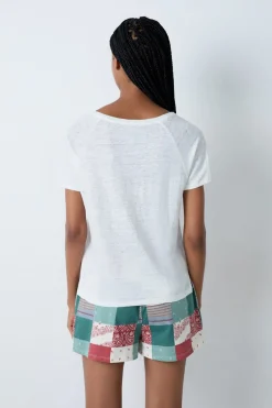 ETAM Pijamas Esenciales|Partes De Arriba De Pijama|Camiseta de manga corta 100% lino CRUDO