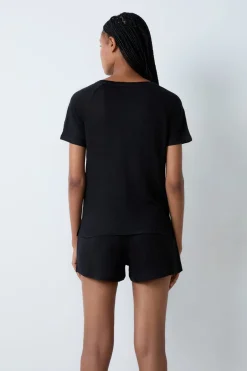 ETAM Pijamas Esenciales|Partes De Arriba De Pijama|Camiseta de manga corta 100% lino NEGRO