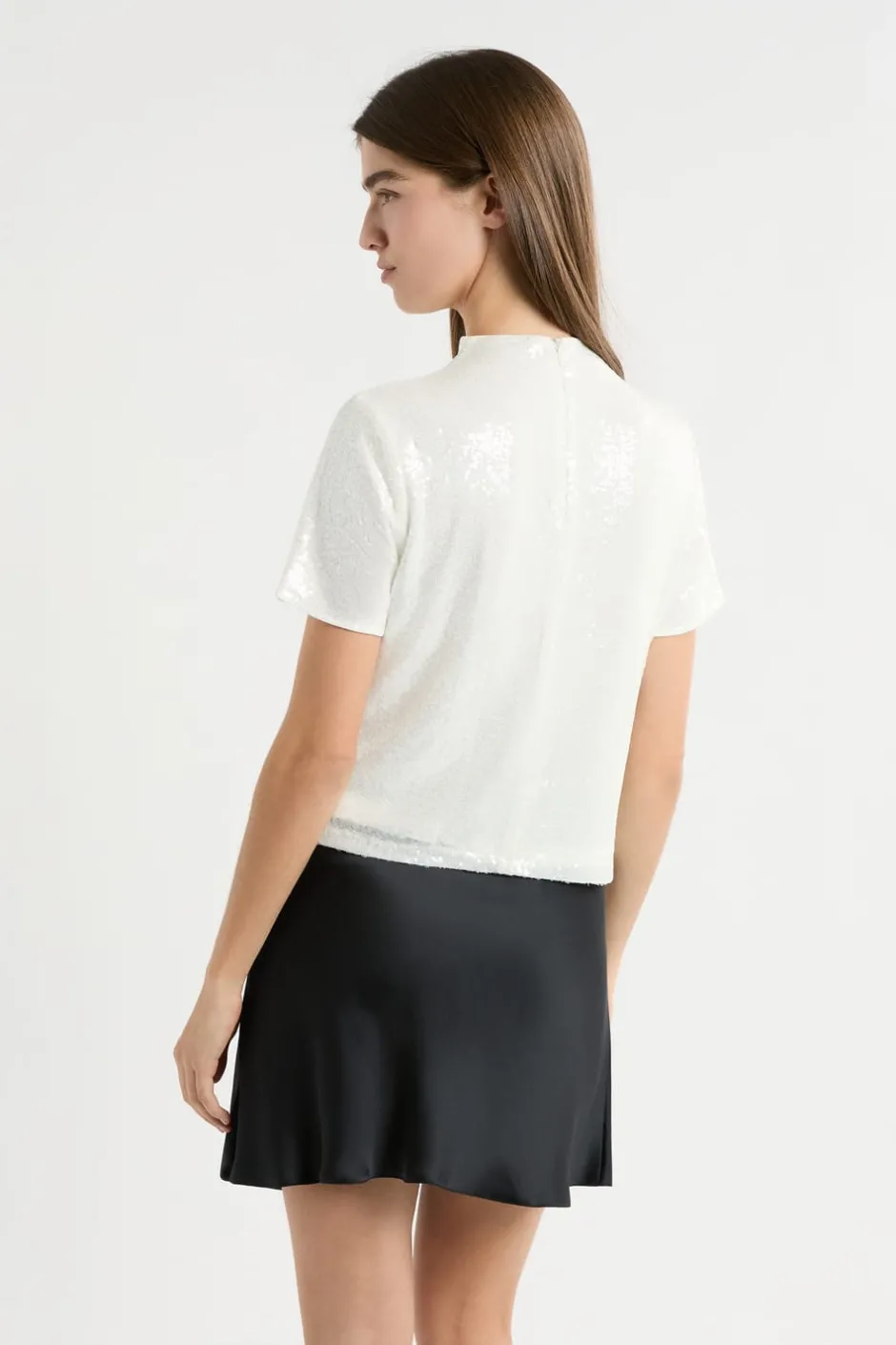 ETAM Manga Corta|Camisetas|Camiseta de manga corta con lentejuelas BLANCO