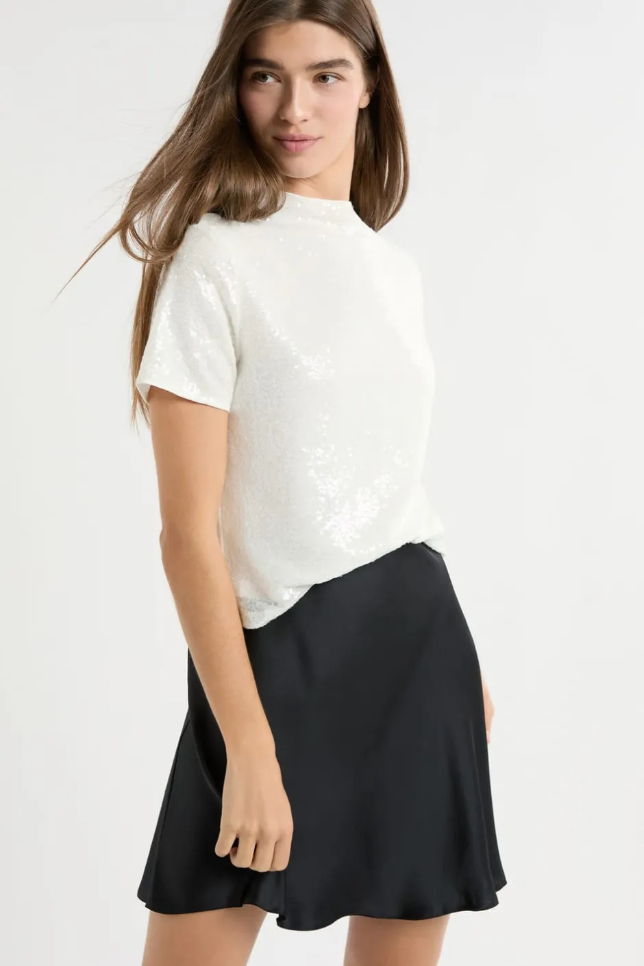 ETAM Manga Corta|Camisetas|Camiseta de manga corta con lentejuelas BLANCO