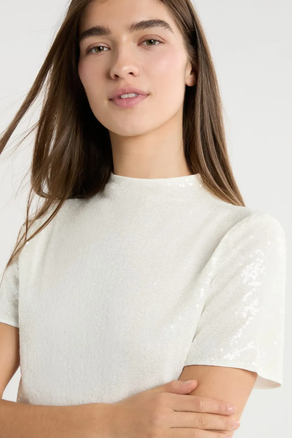 ETAM Manga Corta|Camisetas|Camiseta de manga corta con lentejuelas BLANCO