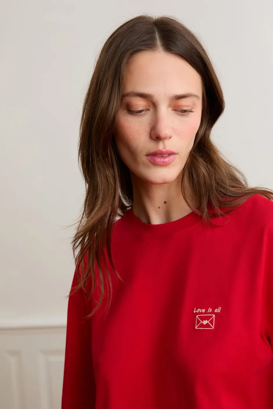 ETAM Los Pijamas Más Responsables|Partes De Arriba De Pijama|Camiseta de manga corta con la inscripción «love is all» de algodón ROJO