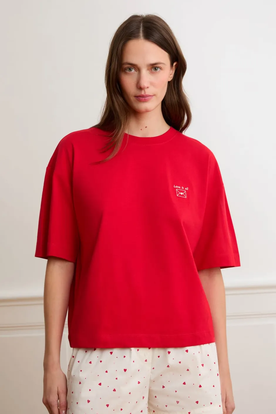 ETAM Los Pijamas Más Responsables|Partes De Arriba De Pijama|Camiseta de manga corta con la inscripción «love is all» de algodón ROJO