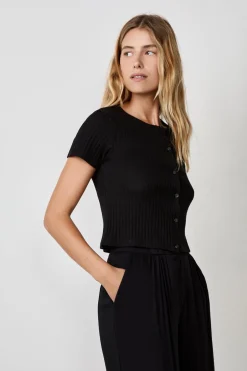 ETAM Cuello En V|Manga Corta|Camiseta de manga corta con botones NEGRO