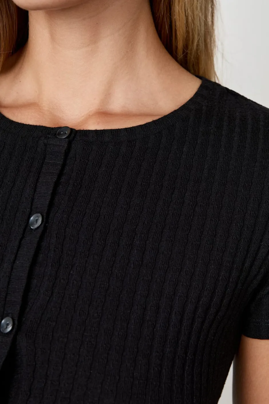 ETAM Cuello En V|Manga Corta|Camiseta de manga corta con botones NEGRO