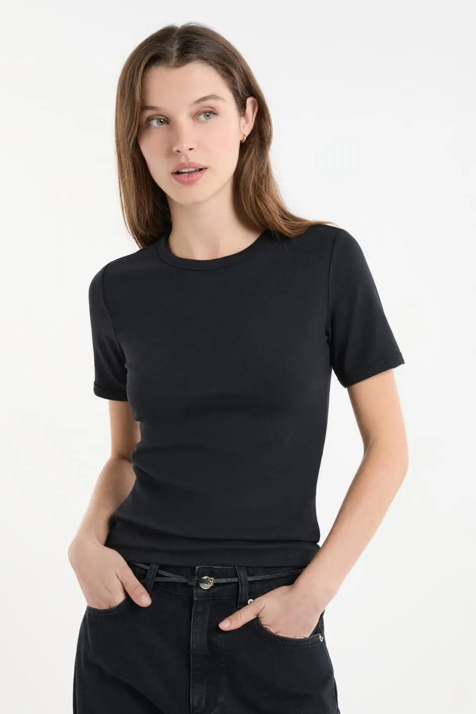ETAM Cuello Redondo|Manga Corta|Camiseta de manga corta con algodón NEGRO