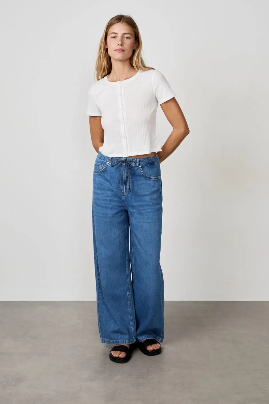 ETAM Cuello En V|Manga Corta|Camiseta de manga corta con botones BLANCO