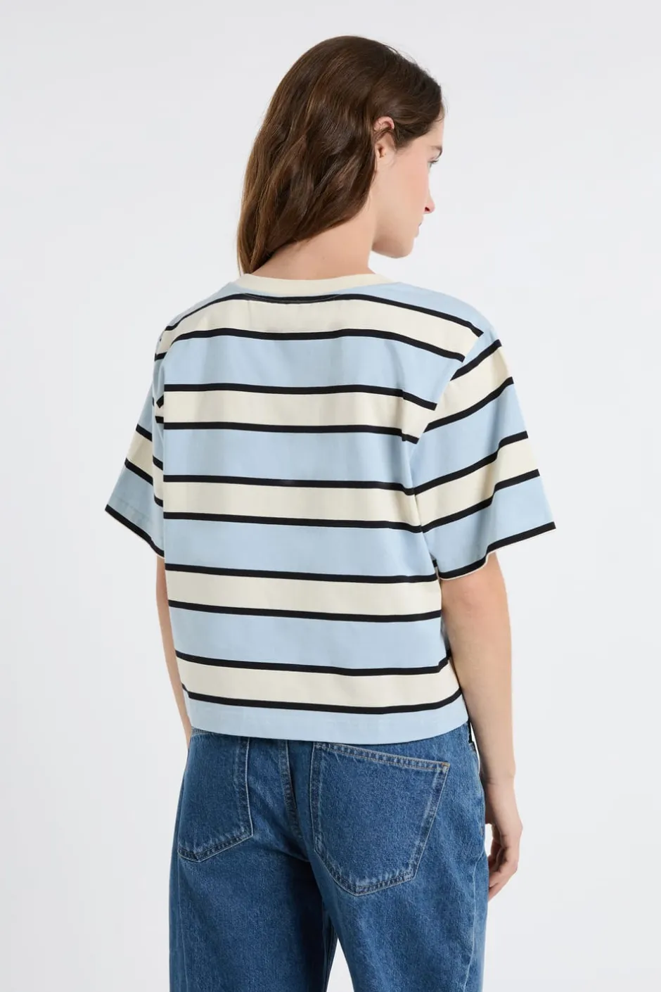 ETAM Cuello Redondo|Manga Corta|Camiseta de manga corta de algodón a rayas AZUL