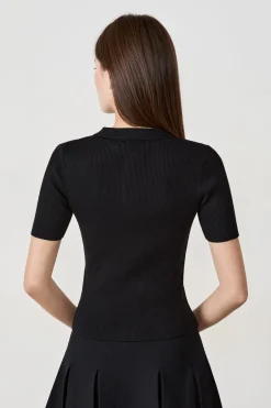 ETAM Básicos|Manga Corta|camiseta de manga corta de canalé con cuello abotonado NEGRO