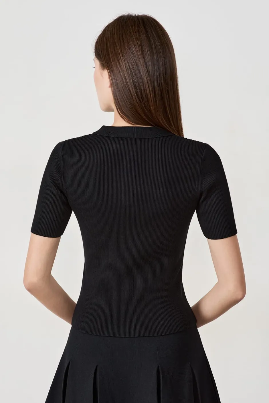 ETAM Básicos|Manga Corta|camiseta de manga corta de canalé con cuello abotonado NEGRO