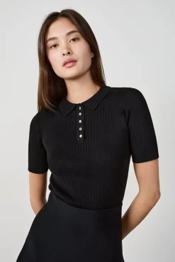 ETAM Básicos|Manga Corta|camiseta de manga corta de canalé con cuello abotonado NEGRO