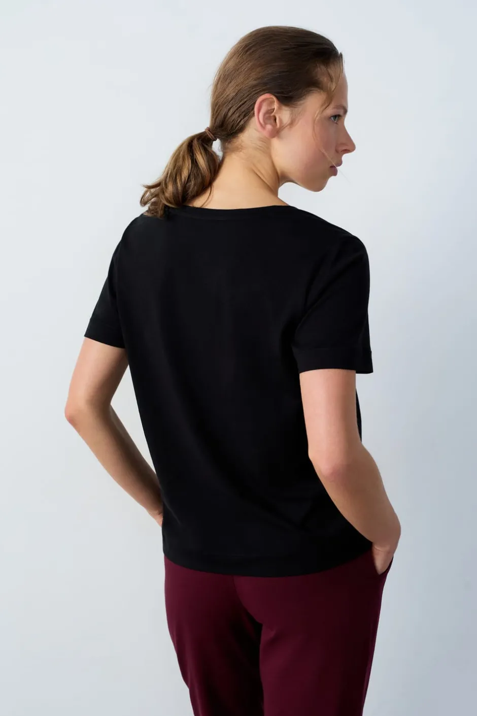 ETAM Cuello En V|Manga Corta|Camiseta de manga corta de algodón NEGRO