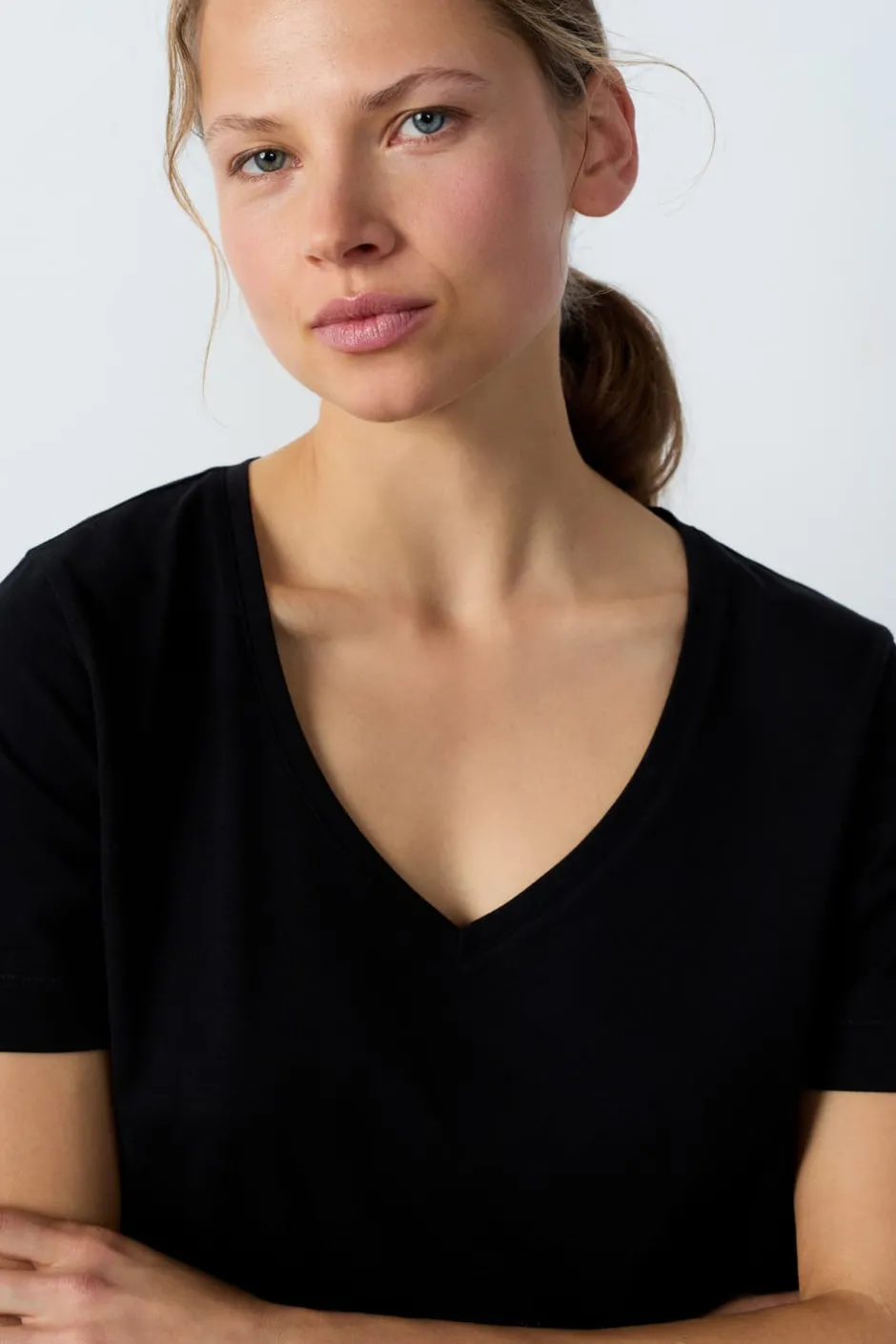 ETAM Cuello En V|Manga Corta|Camiseta de manga corta de algodón NEGRO