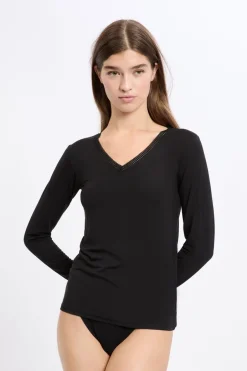 ETAM Cuello En V|Manga Larga|Camiseta de manga larga con cuello en V de tejido térmico NEGRO