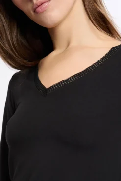 ETAM Cuello En V|Manga Larga|Camiseta de manga larga con cuello en V de tejido térmico NEGRO