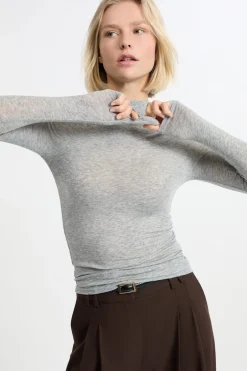 ETAM Manga Larga|Camisetas|Camiseta de manga larga con cuello alto y lana GRIS