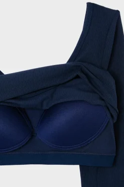 ETAM Cuello Redondo|Manga Larga|Camiseta de manga larga con cuello bailarina y sujetador integrado MARINO