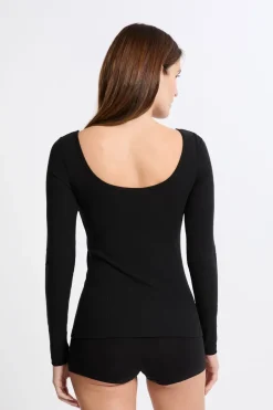 ETAM Cuello Redondo|Manga Larga|Camiseta de manga larga con cuello bailarina y sujetador integrado NEGRO