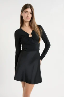 ETAM Cuello En V|Manga Larga|Camiseta de manga larga con anilla NEGRO