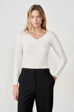 ETAM Colección Térmica|Cuello En V|Camiseta de manga larga con cuello en V de tejido térmico BLANCO ROTO