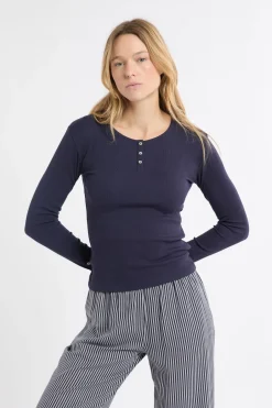ETAM Los Pijamas Más Responsables|Partes De Arriba De Pijama|Camiseta de manga larga de algodón con botones marino