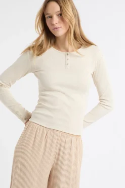 ETAM Los Pijamas Más Responsables|Partes De Arriba De Pijama|Camiseta de manga larga de algodón con botones BEIGE