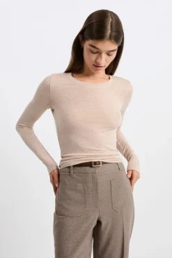 ETAM Manga Larga|Camisetas|Camiseta de manga larga y cuello redondo BEIGE