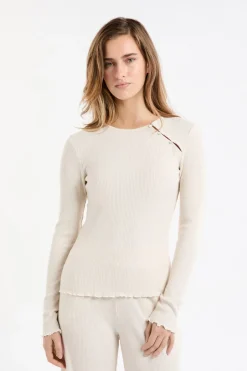 ETAM Homewear|Partes De Arriba De Pijama|Camiseta de pijama acanalada con botones BEIGE