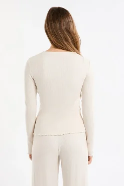 ETAM Homewear|Partes De Arriba De Pijama|Camiseta de pijama acanalada con botones BEIGE