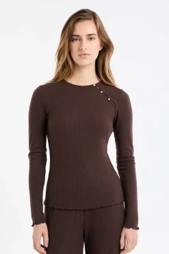 ETAM Homewear|Partes De Arriba De Pijama|Camiseta de pijama acanalada con botones CHOCOLATE