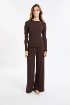 ETAM Homewear|Partes De Arriba De Pijama|Camiseta de pijama acanalada con botones CHOCOLATE
