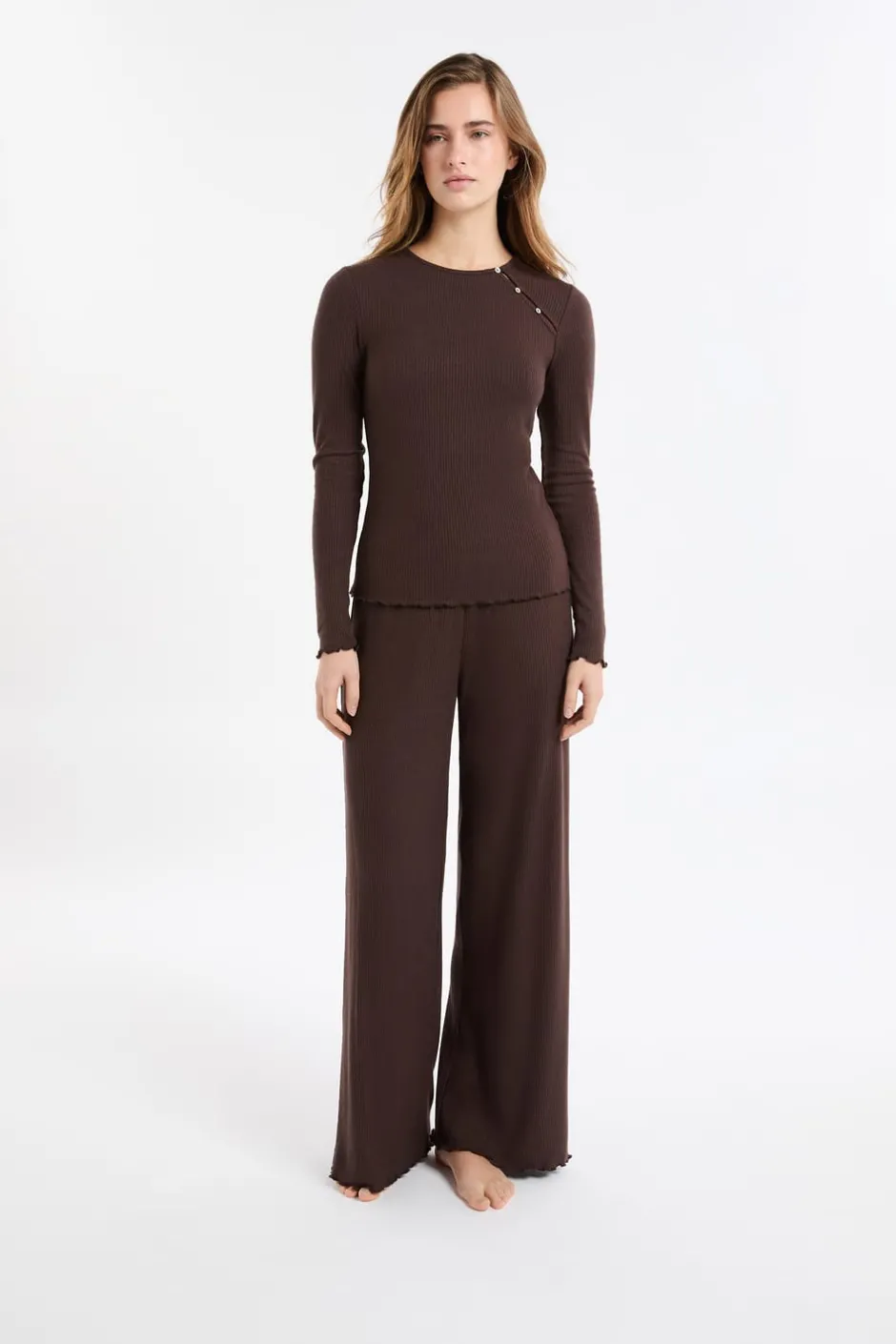 ETAM Homewear|Partes De Arriba De Pijama|Camiseta de pijama acanalada con botones CHOCOLATE