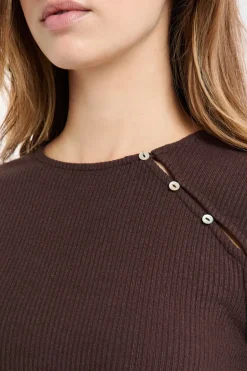 ETAM Homewear|Partes De Arriba De Pijama|Camiseta de pijama acanalada con botones CHOCOLATE