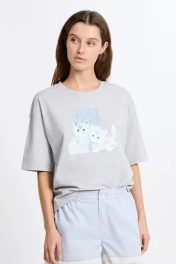 ETAM Partes De Arriba De Pijama|Los Pijamas Más Responsables|Camiseta de pijama de algodón con estampado de gatos GRIS