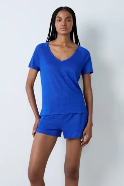 ETAM Partes De Arriba De Pijama|Los Pijamas Más Responsables|Camiseta de pijama de manga corta de lino AZUL REAL