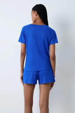 ETAM Partes De Arriba De Pijama|Los Pijamas Más Responsables|Camiseta de pijama de manga corta de lino AZUL REAL